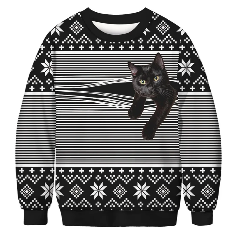 Christmas Cute Cat Sweatshirt 3D Printing Pattern Crew Neck Pullover Sweatshirt Harajuku Fashion Hip Hop Streetwear Hoodies