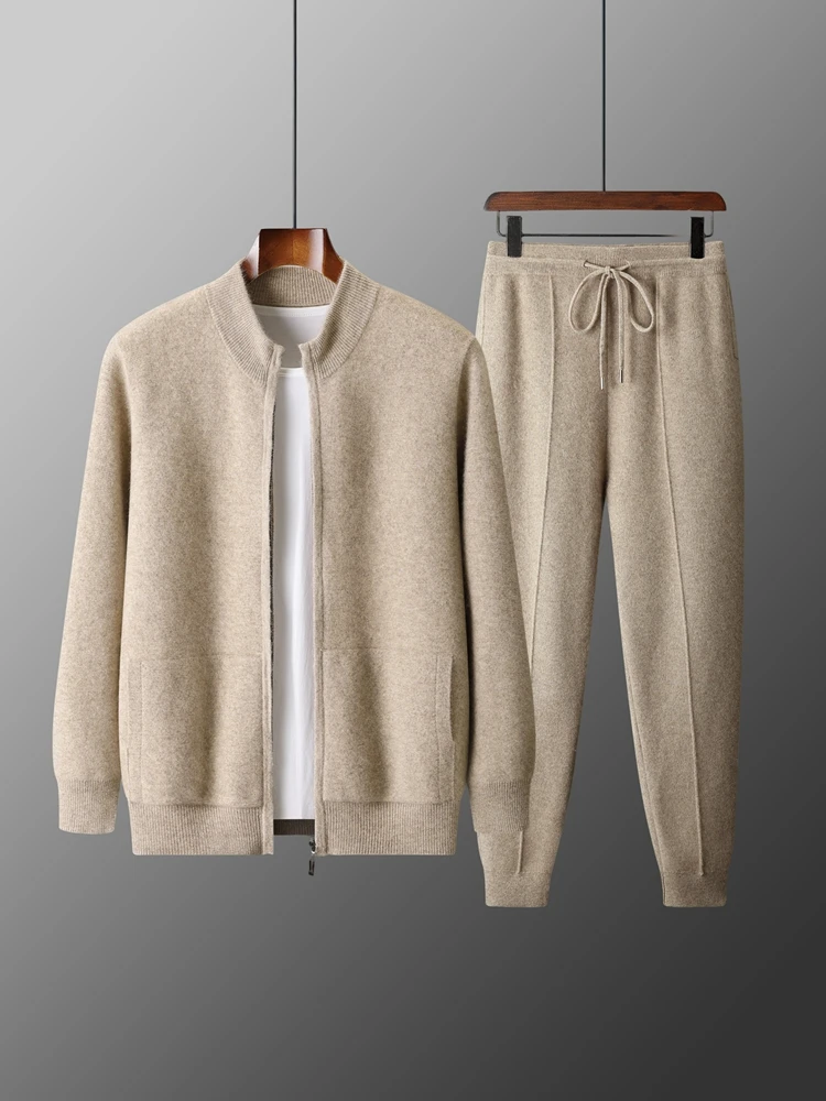 

CHICUU осенне-зимний толстый мужской свитер из 100% шерсти, кардиган на молнии, брюки-карандаш, кашемировый трикотаж, брюки, умный повседневный комплект