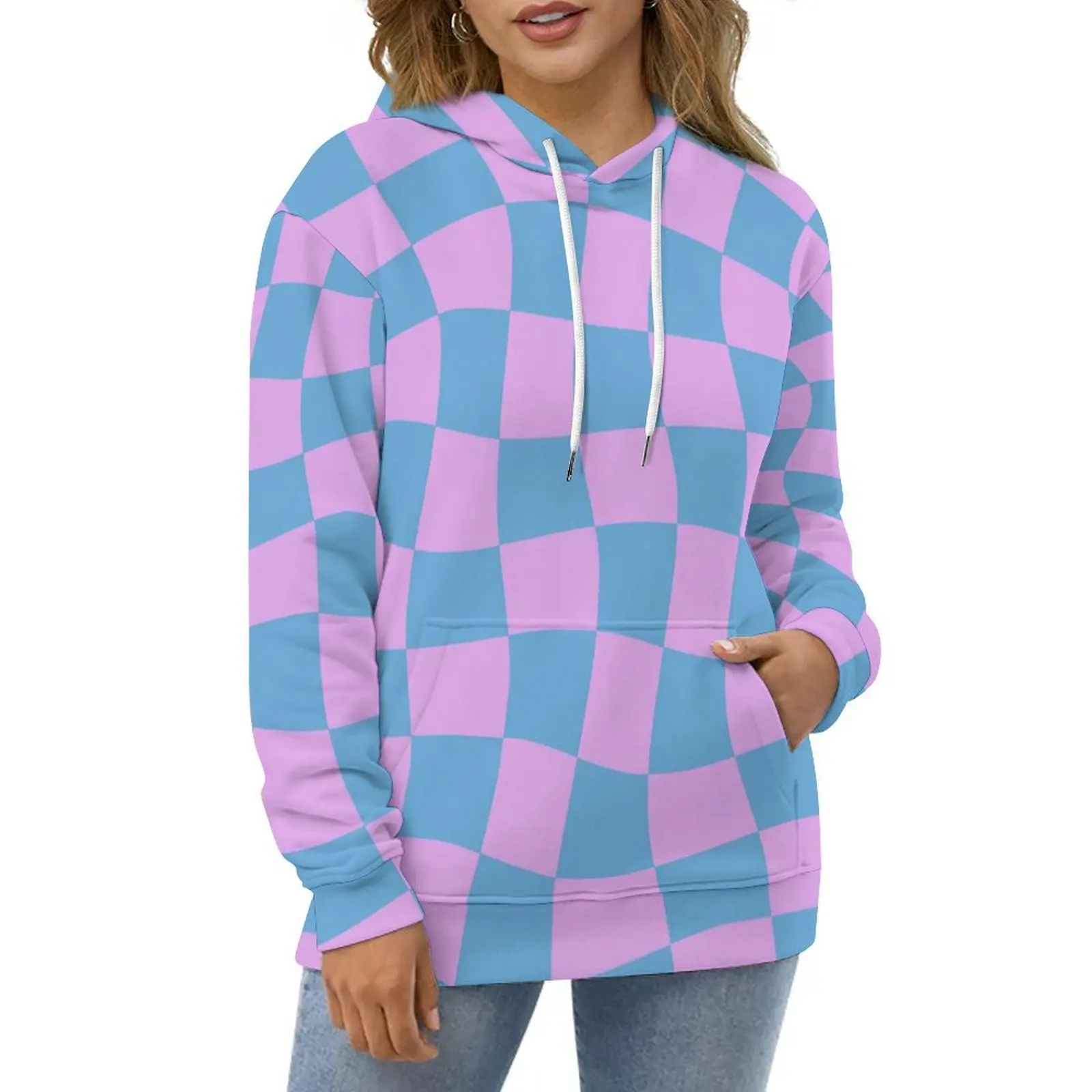 Retro Mod Hoodies Abstract Checkerboard Harajuku Oversize Hoodie Womens Long Sleeve Aesthetic Design Casual Sweatshirts