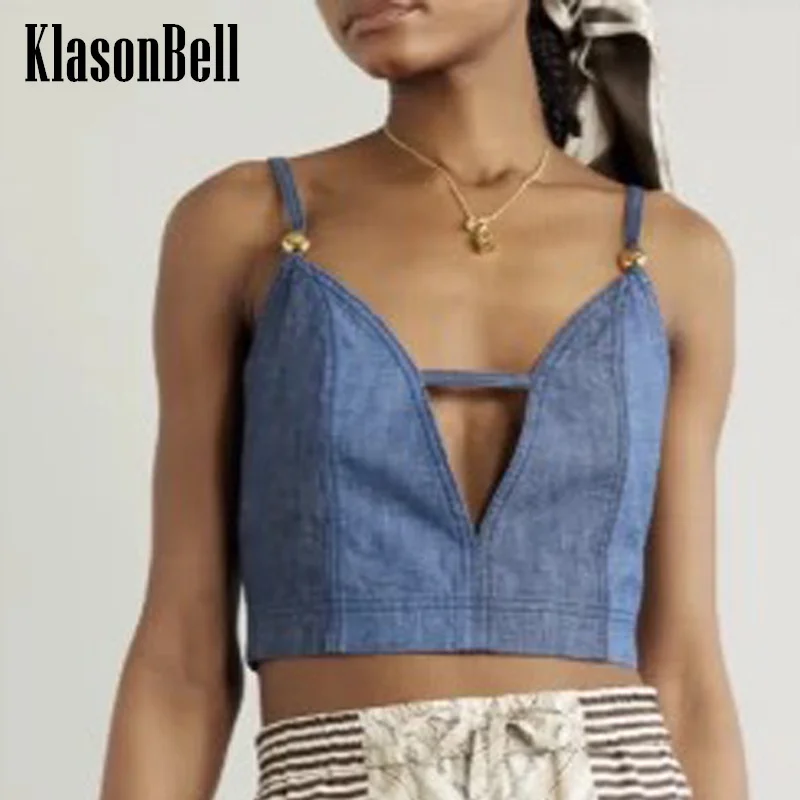 

6.30 KlasonBell Metal Button Lace-up Sexy V-Neck Denim Tank Top Women Hot Girl Holiday Strapless Suspender Camis