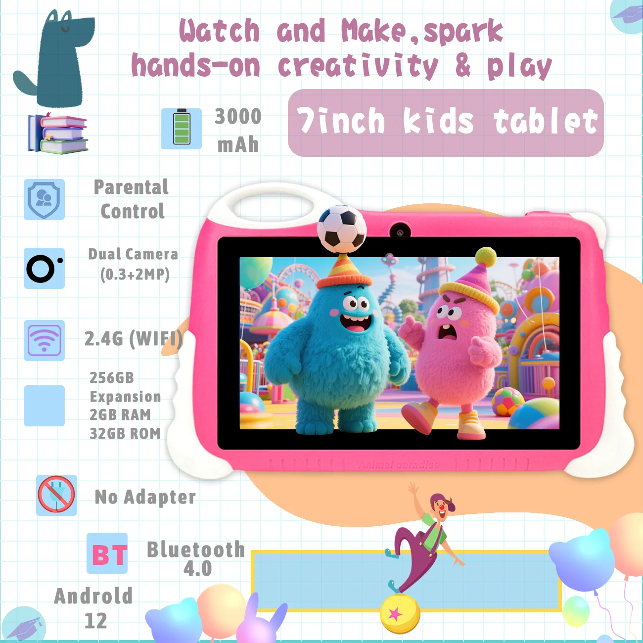 7-inch Android-kindertablet 12 onderwijstablet met dubbele camera's, ontworpen voor jongens en meisjes als leuke verjaardag, kerstcadeaus