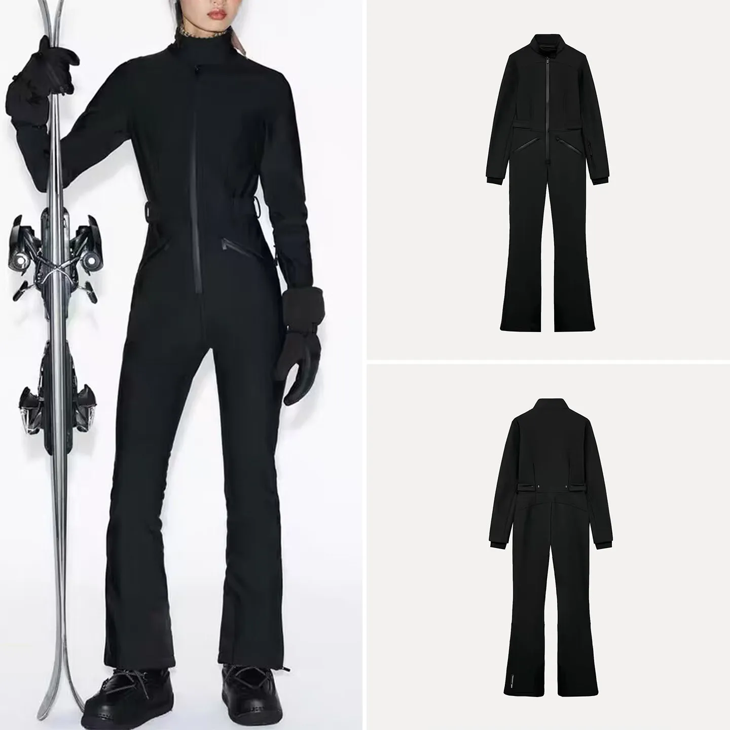 

Женский модный черный цельный лыжный костюм 2026 года, весенний, с высокой талией, широкими брюками, из высококачественной ткани, для создания индивидуального образа