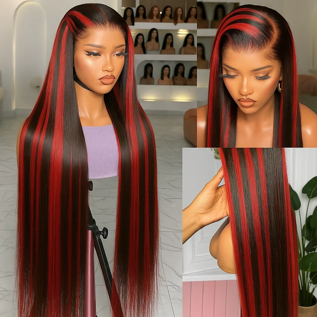 Parrucca per capelli anteriori in pizzo trasparente con densità 200% Rosso Nero dritto 5x5 Parrucche per capelli briziliani in pizzo frontale senza colla per le donne