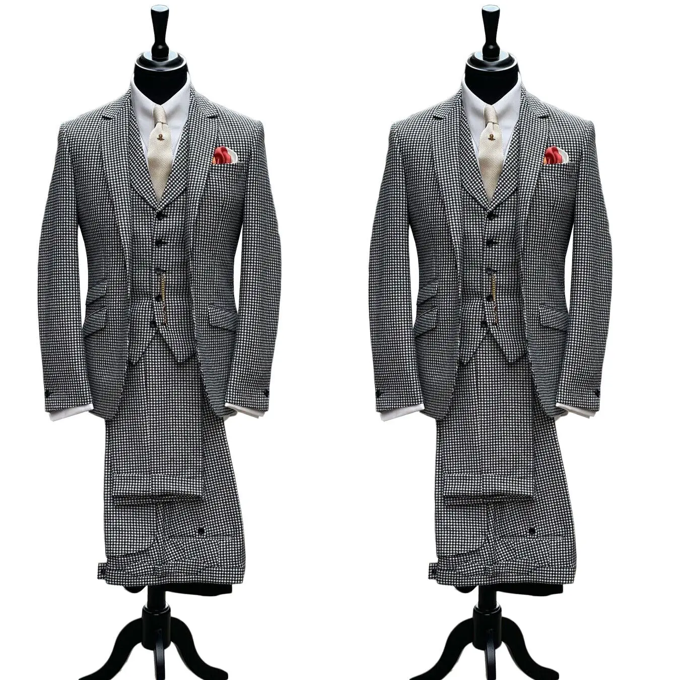 

Houndstooth Men Suit 3 Pieces Slim Fit Tailor-Made Blazer Vest Pants Single Breasted Wedding Groom Work Wear Causal Tailored