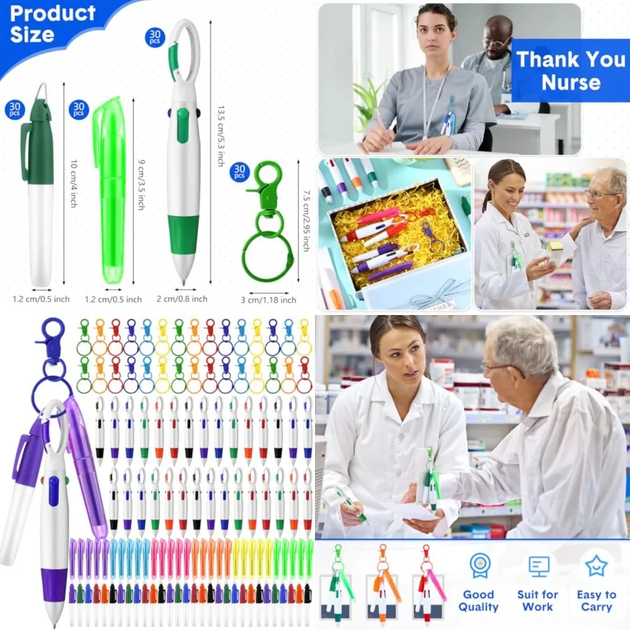 

120 Pcs Nurse Pen Set for Badge Accessories Retractable Ballpoint Pen Mini Highlighters Permanent Marker Nursing Keychain Clip