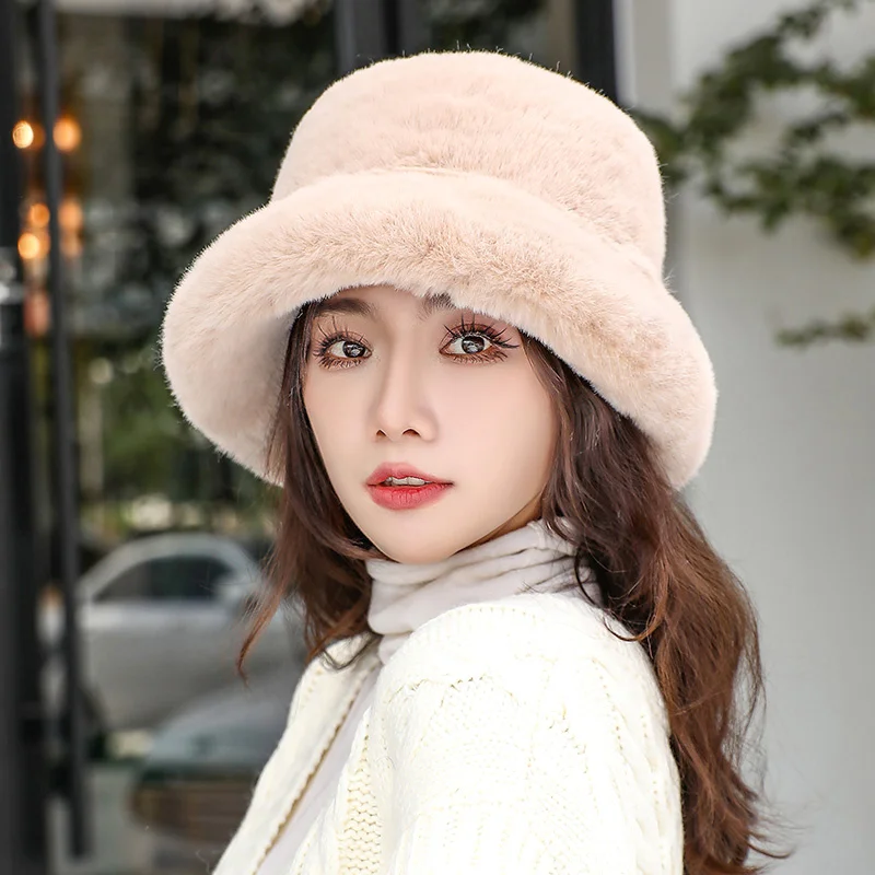 Lady Luxury Fashion Party Fisherman Cap Y2k Fluffy Faux Fur Hat Bucket Women Cap Rabbit Fur Warm Thick Plush WInter Leopard Hat