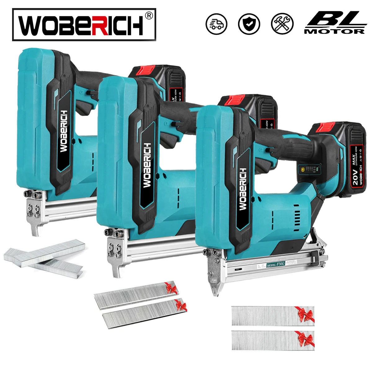 Brushless Wireless Cordless Electric Nail Gun Stapler Nailer Straight U Staples+ 2 set nails For Makita/WOBERICH Battery