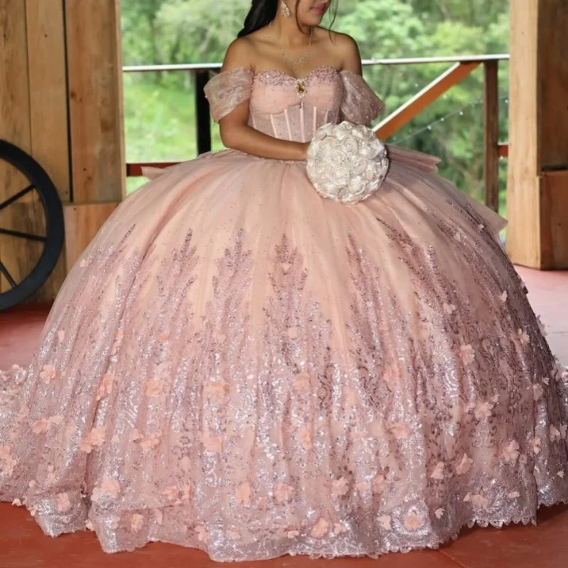 

Customized Shiny Pink Quinceanera Dresses Off the Shoulder sequin applique crystal 3D flower Long tail Vestido 15 Quinceanera
