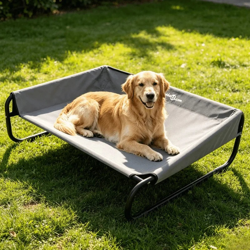 Lit pour chien et bébé surélevé, rafraîchissant, en acier, gris clair, carré, grand, 85x85x33 cm, avec coussin intérieur/extérieur, pour le repos, été, patio, jardin, terrasse, cour arrière, fournitures pour animaux de compagnie