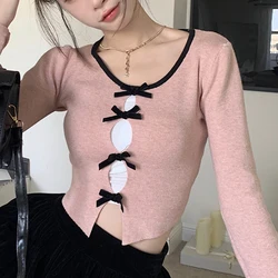 Women Long Sleeve Slim Fit Tees Y2K Sweet Cute Bow Hollowed Knitted Crop Tops 00s Retro Aesthetic Kawaii Korean T-shirt Clothes