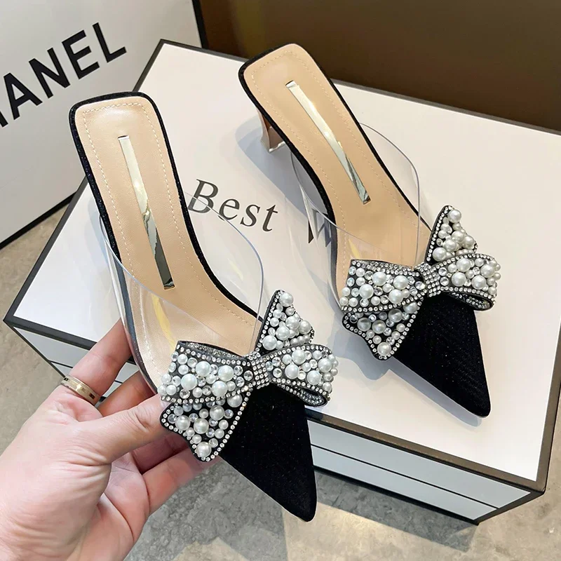 

Fashion Women Slippers Luxury Pearl Decoration Slippers Sweet Butterfly-knot High Heel Slipper Temperament Pointed Half Slippers