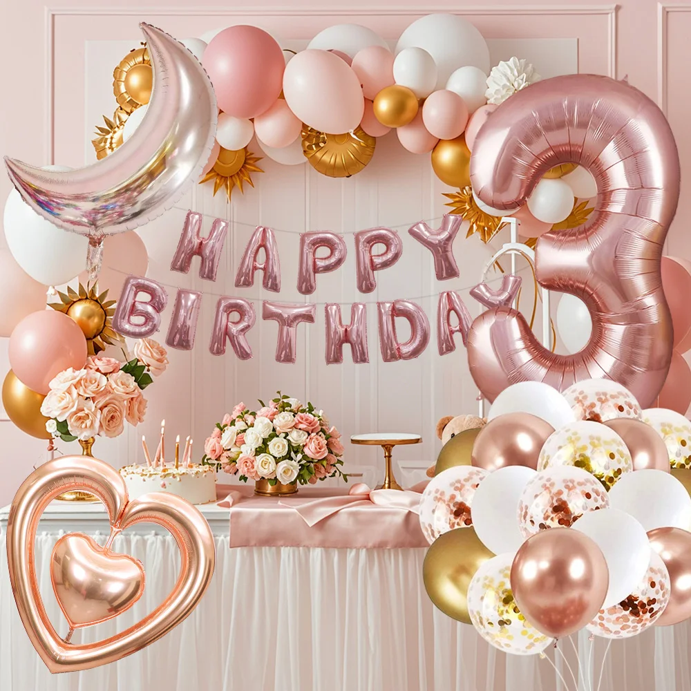 

Moon Heart Foil Balloon Rose Gold Series Happy Birthday Letter Banner Latex Balloons kit for Birthday Party Wedding Scene decor