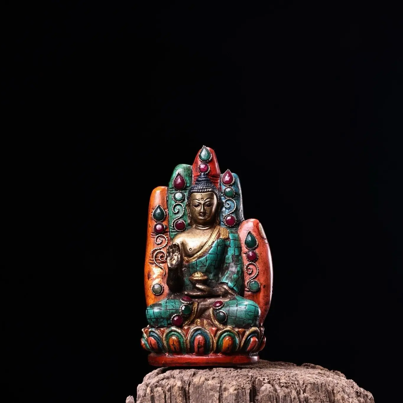 bronze Turquoise red coral Gem Buddhism buddha hand and Sakyamuni Buddha statue