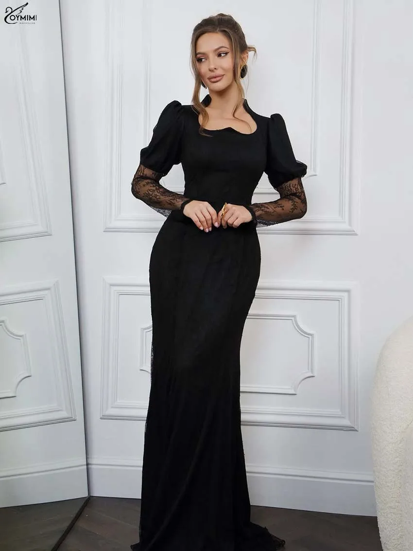 

Oymimi Elegant Black Lace Dresses For Women Fashion Long Sleeve Patchwork Lace-Up Dreses Casual High Waisted Floor-Length Dresse