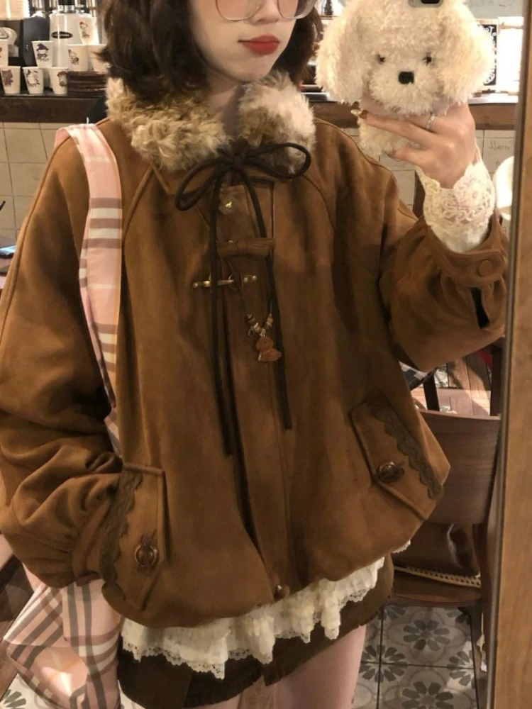 Women Loose Zip Up Fur Collar Coat Vintage Casual Sporty Outerwear Trendy Street Fashion Popular Clothes Korean Sweet  Jacket