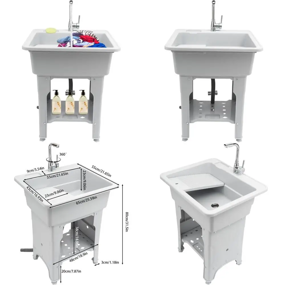 

Plastic Freestanding Laundry Tub Sink with Washboard, Faucet, and Drain Kit for Washing Room Utility