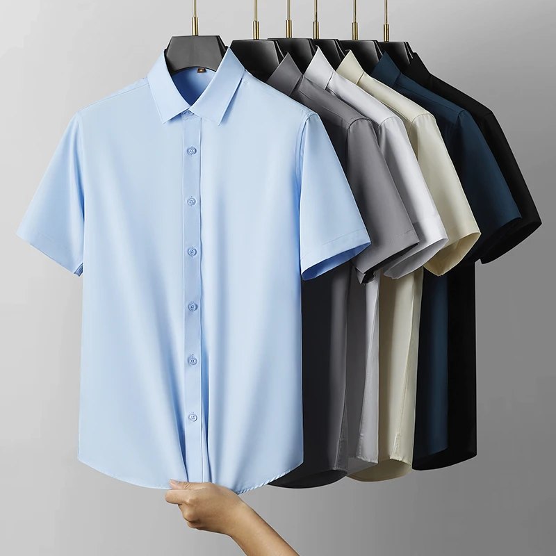 Men's Casual High Elasticity Shirt Fashionable Short Sleeved Solid  Men Color Shirt Non Ironing Wrinkle Resistant Business Top