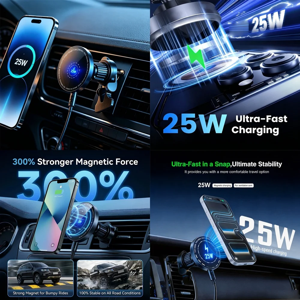 Air Vent Phone Holder Super Fast 25W Magnetic Wireless Car Charger for iPhone 17 16 15 14 13 12 Pro Max Models Strong Magnet