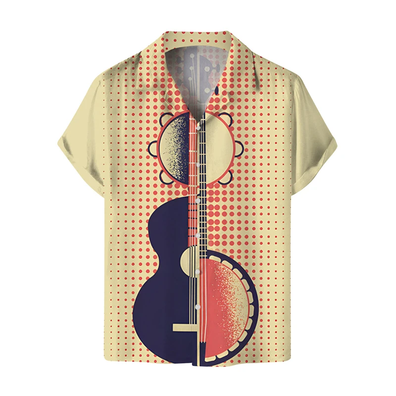 Camisas havaianas masculinas de manga curta com decote em v, tops de guitarra musical, rock e hip hop, roupas masculinas