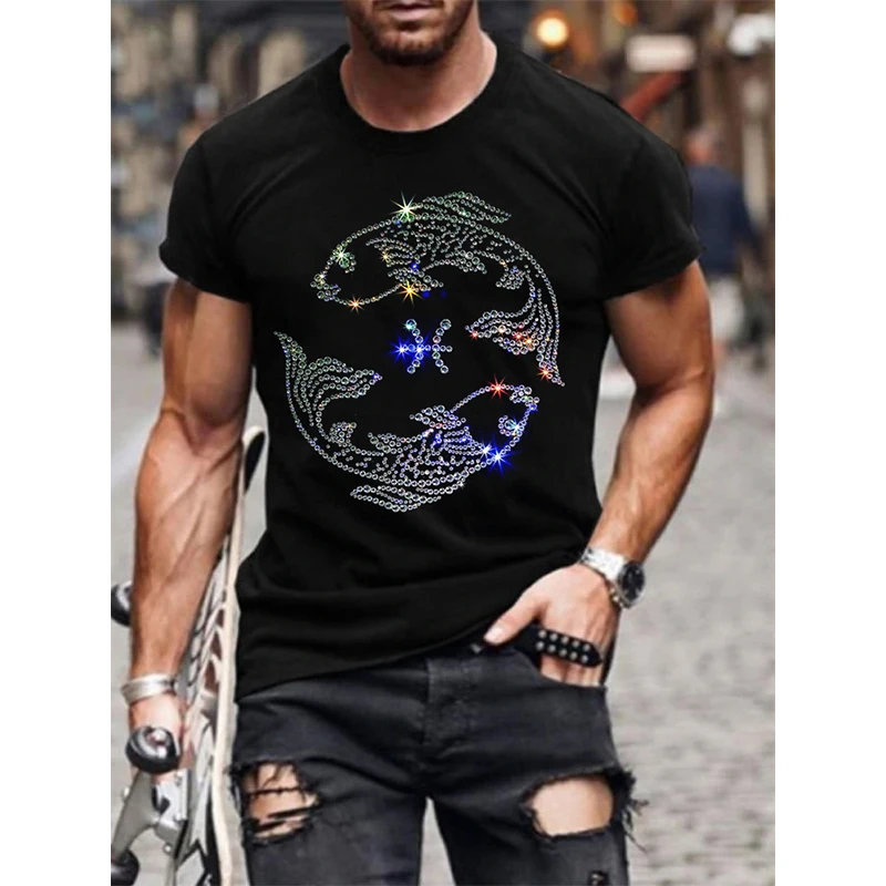 New Men\'s Fashion Diamonds T-Shirts Skull Hot Drill Tee Tops Short Sleeve O-Neck Rhinestone Club Men Clothing Tshirt Quality Y2K