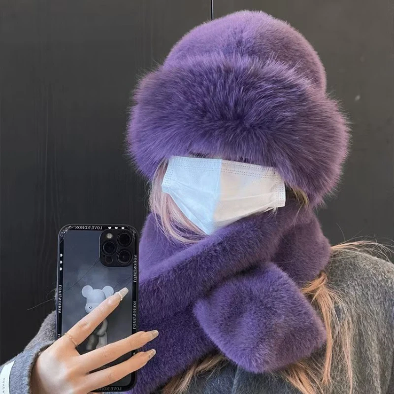 Set aus Schal und Mütze für Damen, für den Winter, verdickter Plüsch, warme Pullover-Kappe, modisches süßes Mützen-Mützen-Set