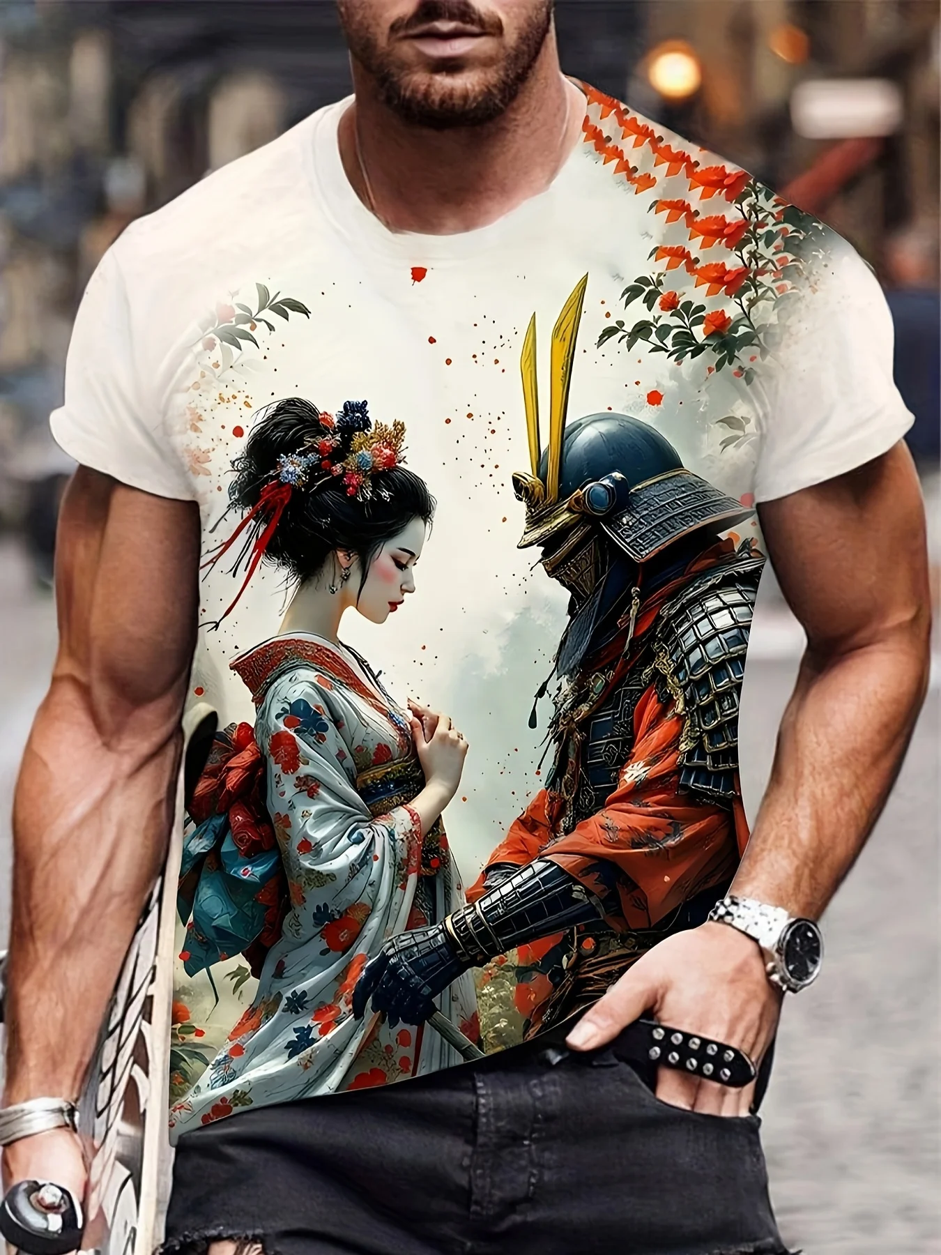 Men's Japanese Samurai & Geisha T-Shirt, Floral Kimono Art, Quick Dry Breathable Streetwear for Summer Casual Wear