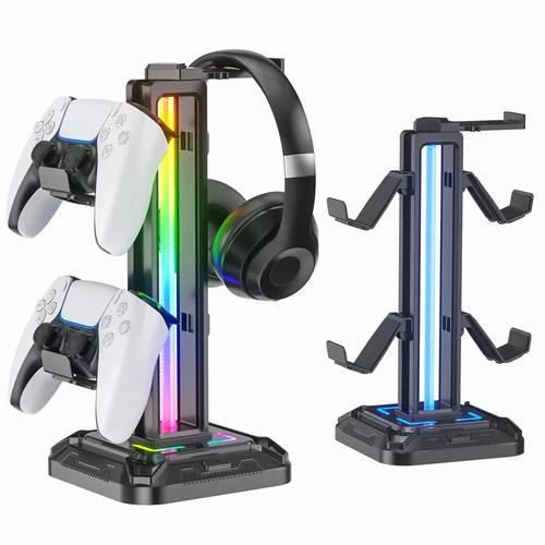 Soporte para controlador con 9 modos de luz, soporte para auriculares para escritorio, soporte giratorio para auriculares, gancho para controlador desmontable