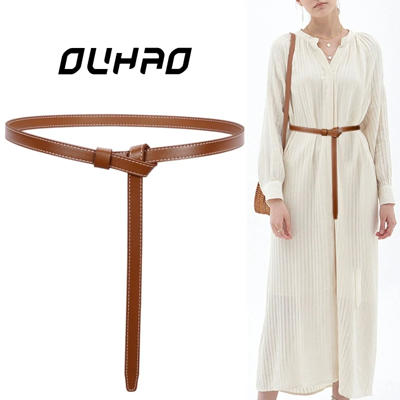 

Vintage Genuine Leather Dresses Extra Long Thin Waist Belt with Decorative Knot - 198cm String Waistband for Women