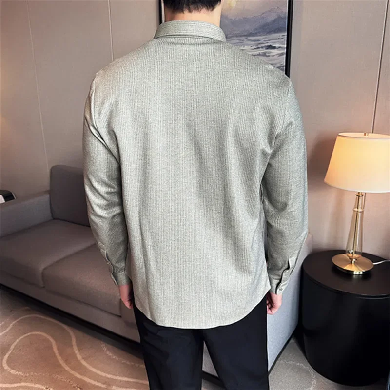 Autumn Winter Thick Warm Shirts Men High Quality Fashion Zipper Woolen Smart Casual Shirt Mens Long Sleeve Solid Striped Blouse