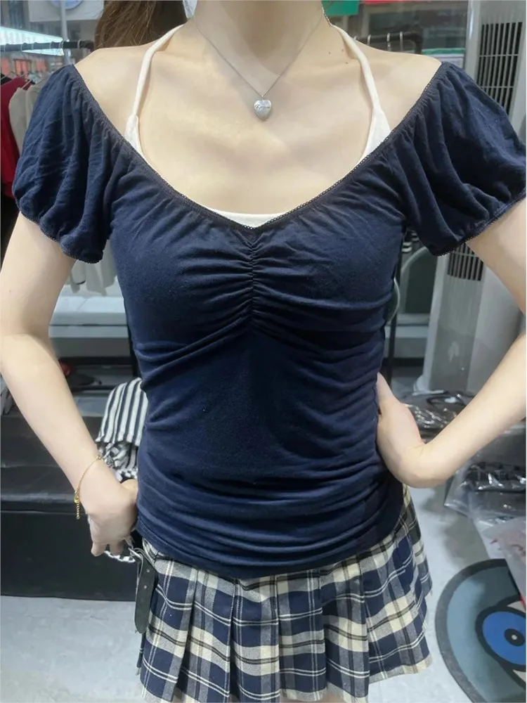 

Navy Folds Slim T-shirts Women Summer Casual V-neck Short Puff Sleeve Casual Tees Y2K Vintage Streetwear Chic Simple Tshirts Top