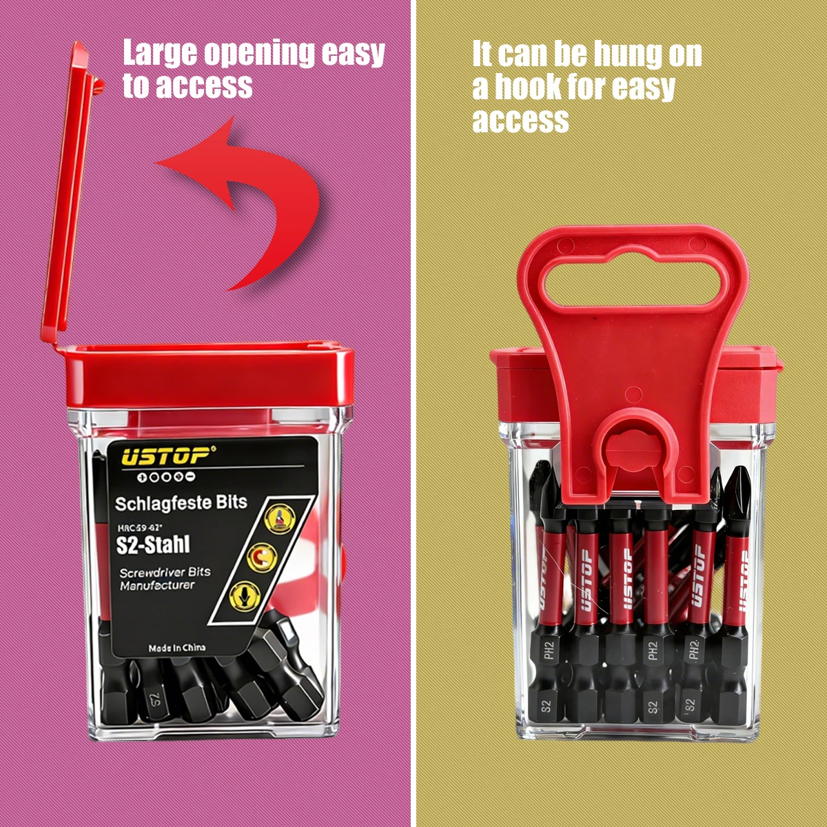 20-Piece S2 Steel Mixed Bit Set 25mm Phillips Ph2 + Torx Pz2 Magnetic Anti-Twist with Transparent Hanging Storage Box