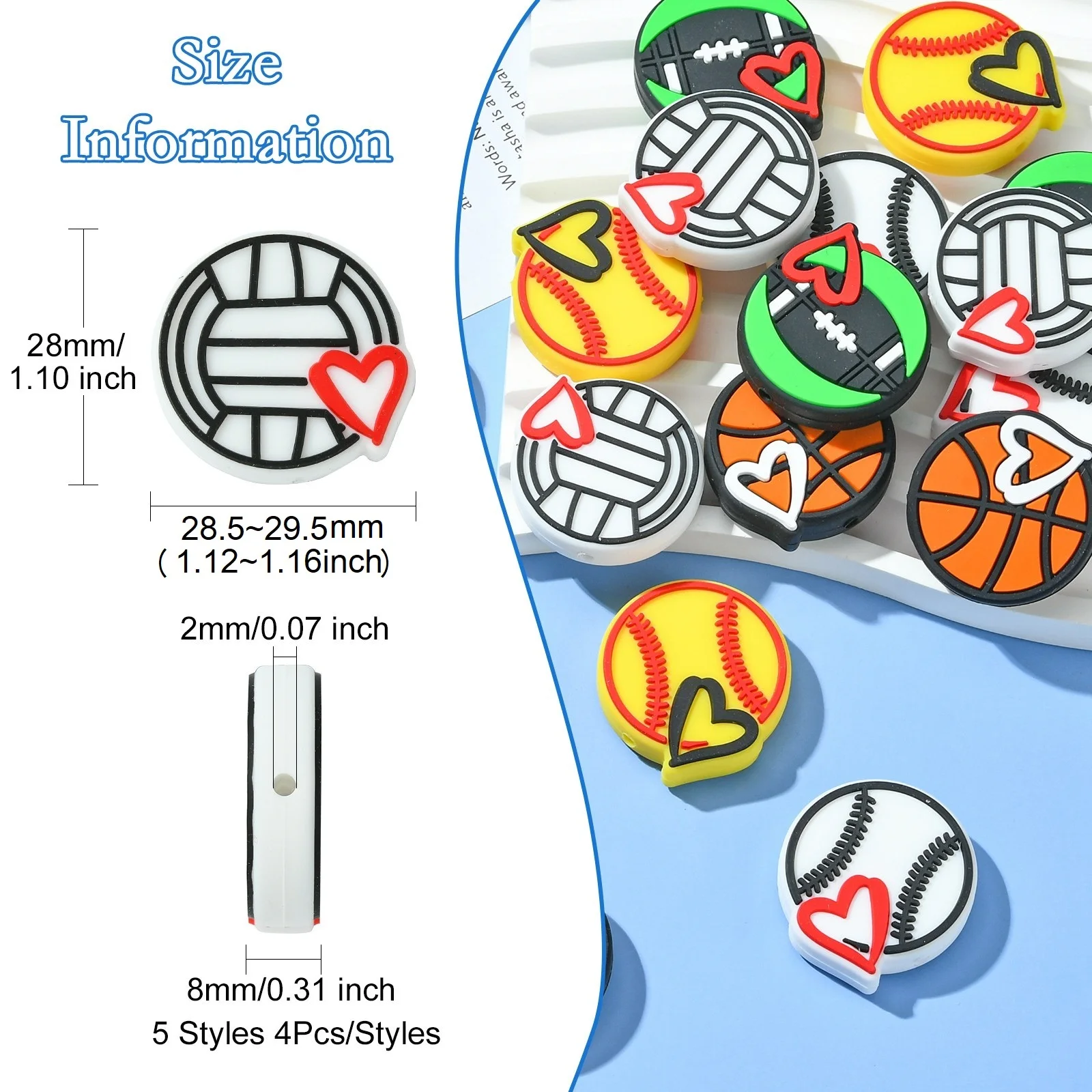 25Pcs 5 Styles Sports Silicone Beads Colorful Basketball Volleyball Baseball Rugby Focal Beads for Pens Necklace Bracelet Making