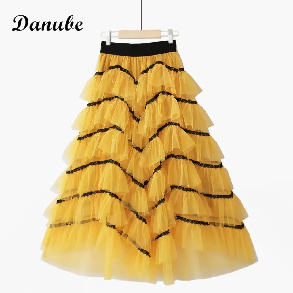 Vintage Wave Multilayer Tulle Long Skirts Women Summer Korean High Waist Tutu Skirts Female Elegant Ruffles Mesh Pleated Skirts