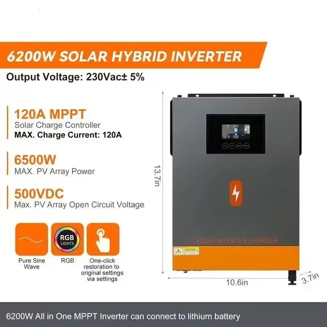 Frequency 6.2KW 48V 220V Inverter Charger Built-in 120A MPPT Charge Controller Pure Sine Wave Hybrid Solar Inverter