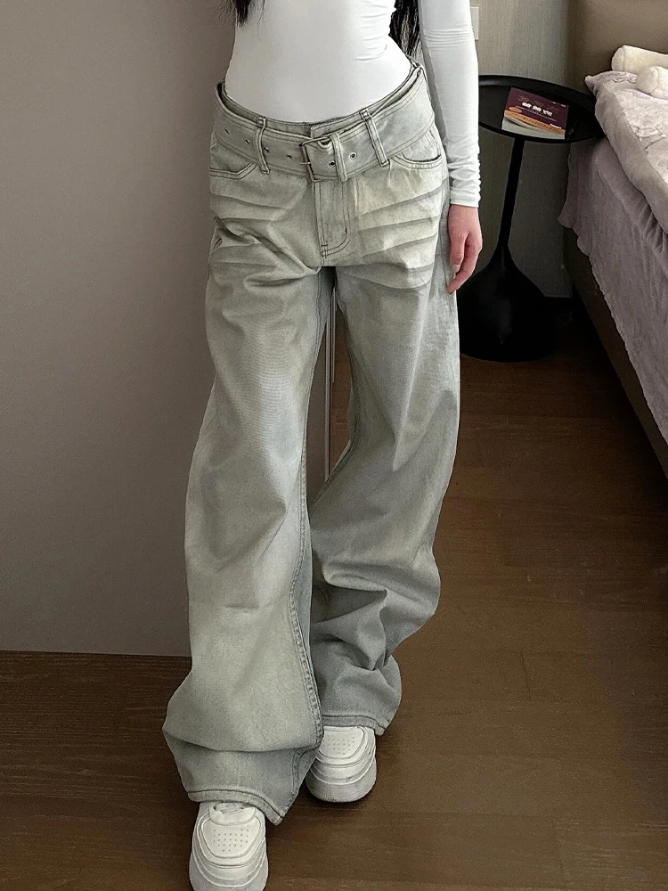 

American High Street Design Women's High Waist Jeans Vintage Waed Floor-Length Straight Leg Blue Jeans Spring New Sle