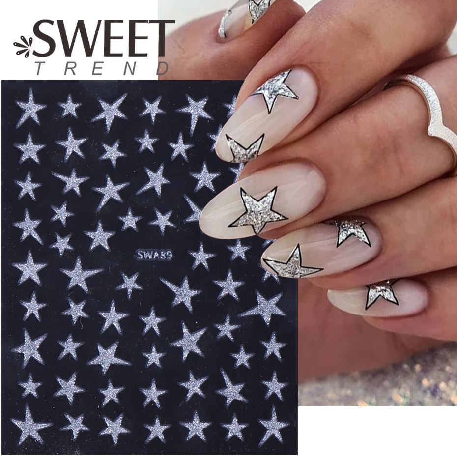 Leopard Print Star Design Nail Stickers Holographic Glitter Silver Star Pentagram 3D Self Adhesive Sliders Manicure Decor Decals