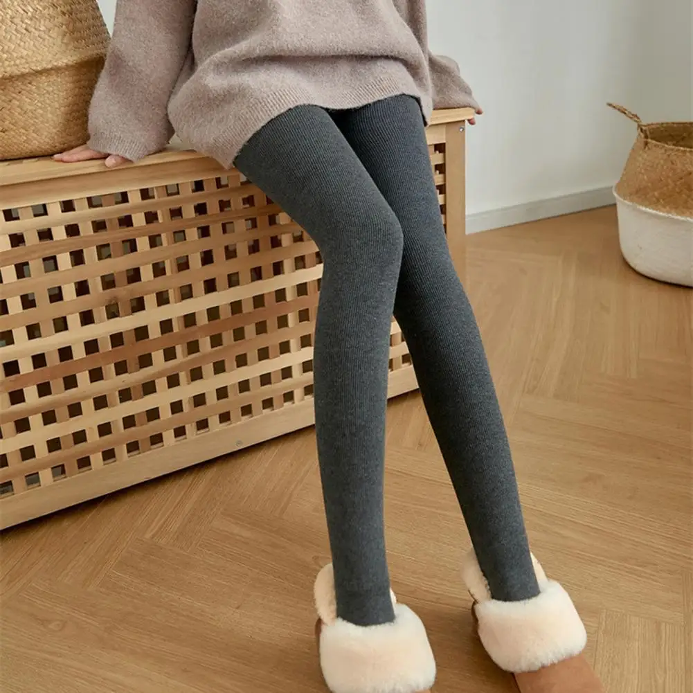 Thickened Leggings Women High Waist Elastic Waistband Ribbed Pantyhose Autumn Winter Solid Color Fleece Lining Warm Leggings