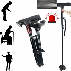 Folding Elderly Walking Stick With Buffered T Handle And Pivoting Quad Base Walking Stick Cane With LED Light And Alarm