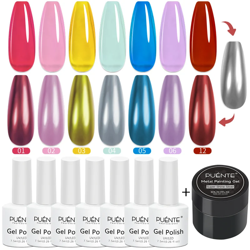 PUENTE Super Shine Silver Metal Gel With Colorful Glaze Mirror Chrome Effect Gel Nail Polish Semi-permanent Nail Art Varnish