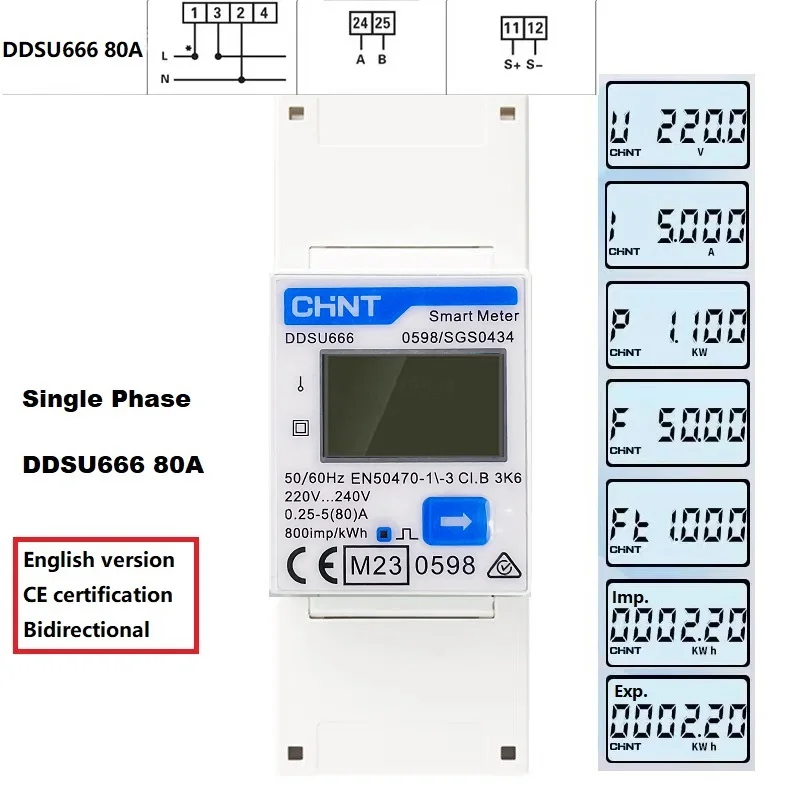 CHINT DDSU666 DTSU666 80A Single Three Phase MODBUS RS485  Bi-directional Smart Energy Power KWH Electric Solar Meter Wattmeter