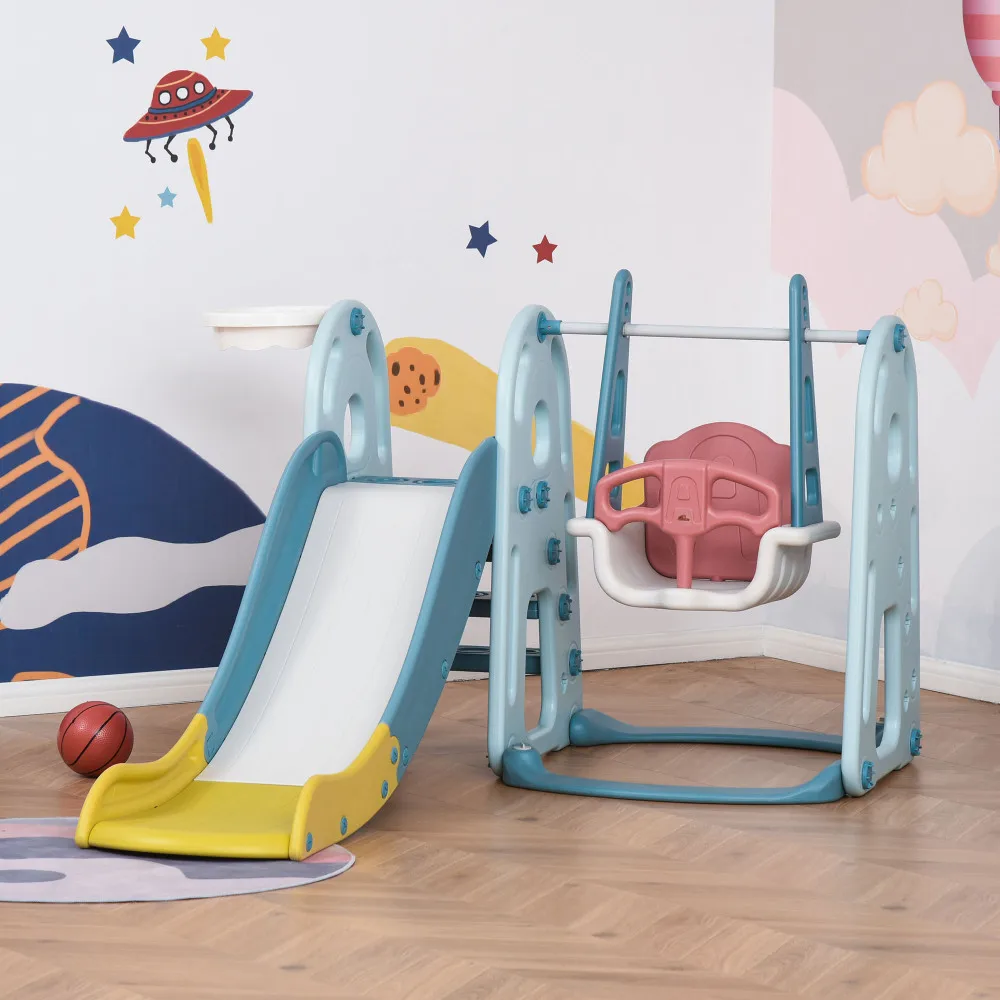 Juego de columpio y tobogán para niños pequeños 4 en 1 con altura de asiento ajustable y aro de baloncesto, juego de tobogán escalador independiente para niños