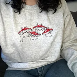 Mushroom Cats Embroidered Funny Crewneck Sweatshirts Female Autumn Winter Thick Warm Fleece Pullover Vintage Style Jumpers