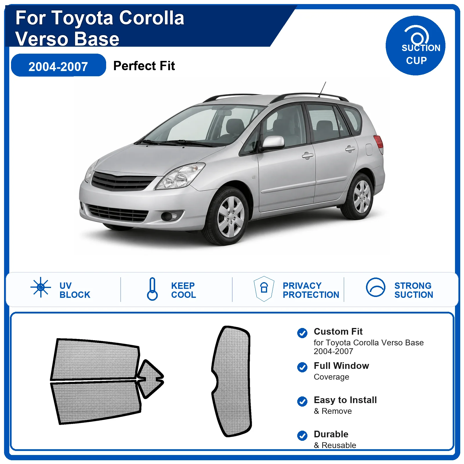 For Toyota Corolla Verso Base 2004-2007 Custom Full Set Windshield Sun Shade Aluminum Foil Heat Insulation Anti UV Foldable