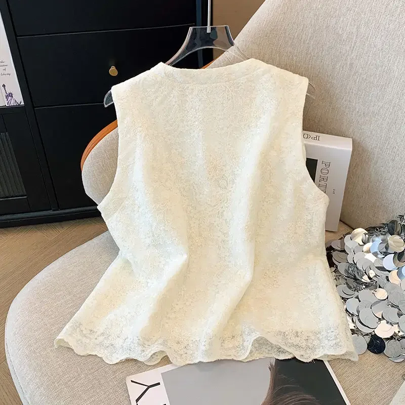 French Lace Vest Women Single Breasted Sleeveless Vest Jacket Spring Summer New Stylish Ruffle Tank Top Versatile