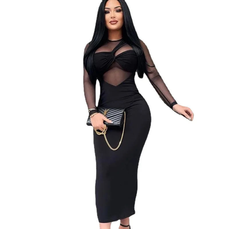 Elegant Women Dress Mesh Panel Long Sleeve Midi Bodycon New Crew Neck Slim Fit Party Outfit Three Sisters Fashion Evening Wear