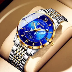 Business Watch Fashion Men's Watch 30M Waterproof Calendar Date Function Rhinestone Blue Dial Stainless Steel Strap Quartz Watch