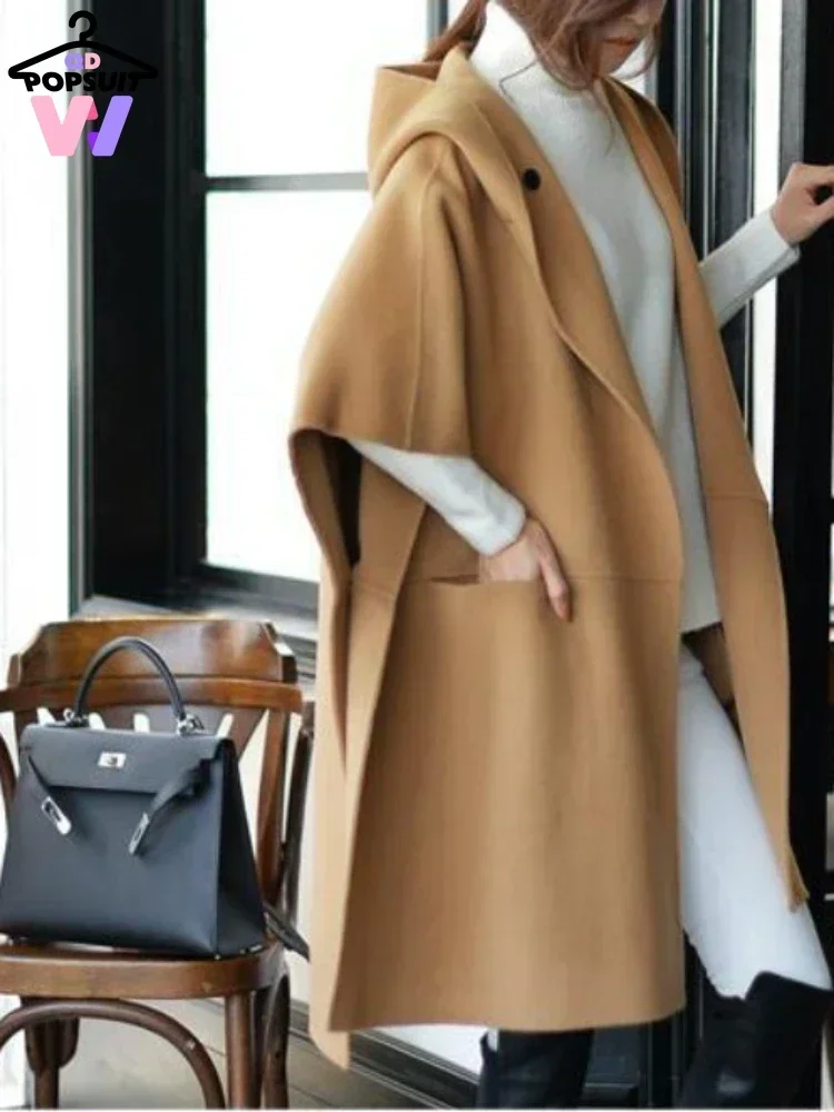 New in Cape Loose Cardigan Outwear Cloak Coats Korean Casual Solid Hooded Wool-like Jackets Pockets Street Wearing Women Wraps