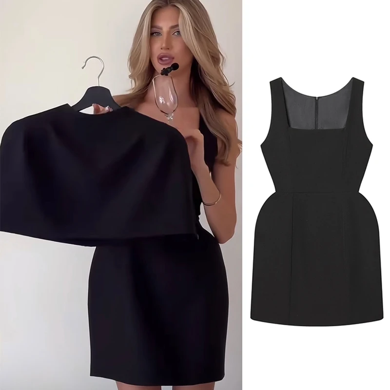 Robe femme 2025 nouvelle mode noir 2 pièces ensemble sans manches col carré robe avec châle élégance Chic femmes robe mince