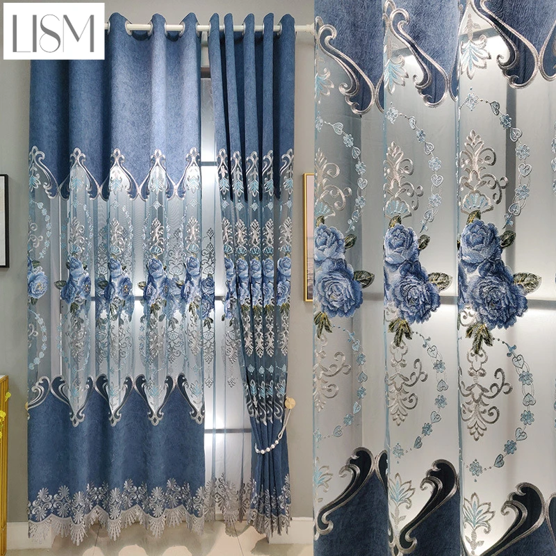 

Europe Style Exquisite Embroidered Curtains for Living Room High-quality Blue Gray Chenille Decorative Bedroom Kitchen Curtains