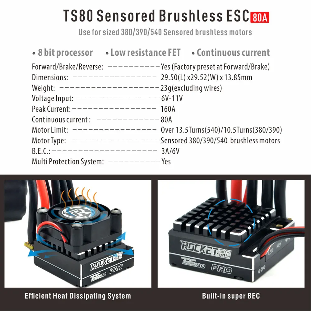 Surpass Hobby Rocket Supersonic 80A Sensored Brushless ESC TS80 for 1/10 1/12 1/14 Rc Car 380 390 540 Sensor Motor Drift Truck